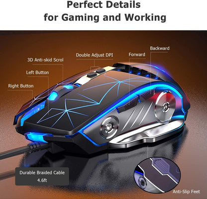 Gaming Mouse USB Wired RGB Backlit Silent Click Gamer Mouse with 4 Adjustable DPI Up to 3200, Comfortable Grip Ergonomic Optical Gaming Mice for Laptop PC Gamer Computer