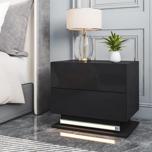 HOMMPA LED Nightstand with Smart Motion Sensor Light Black Night Stand with Rechargeable LED Bedside Table with Auto Led Lights Night Table with 2 High Gloss Drawers for Bedroom