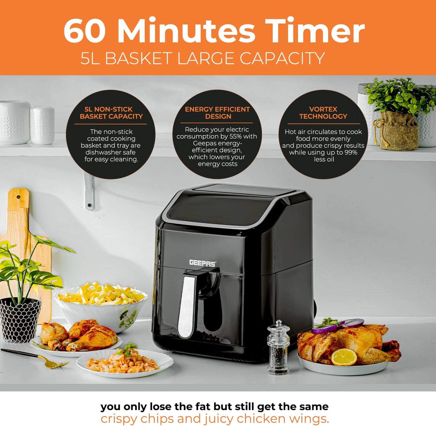 Geepas 9.2L Digital Air Fryer with Vortex – Family-Sized 9-in-1 Convection LED Touchscreen, 60 Minutes Timer & Non-Stick Basket Oil Free Toaster Oven | 2 Years Warranty