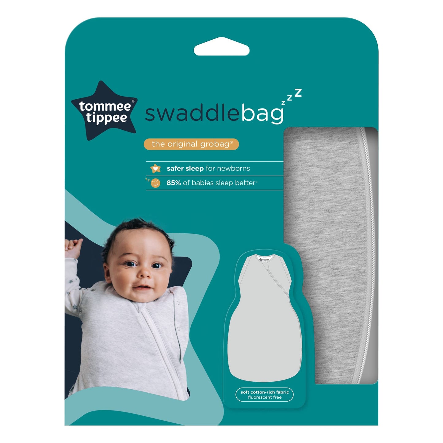 Tommee Tippee Baby Sleep Bag for Newborns, 3-6 m, 1.0 TOG, The Original Grobag Swaddle Bag, Hip-Healthy Design, Soft Cotton-Rich Fabric, Sky Grey Marl