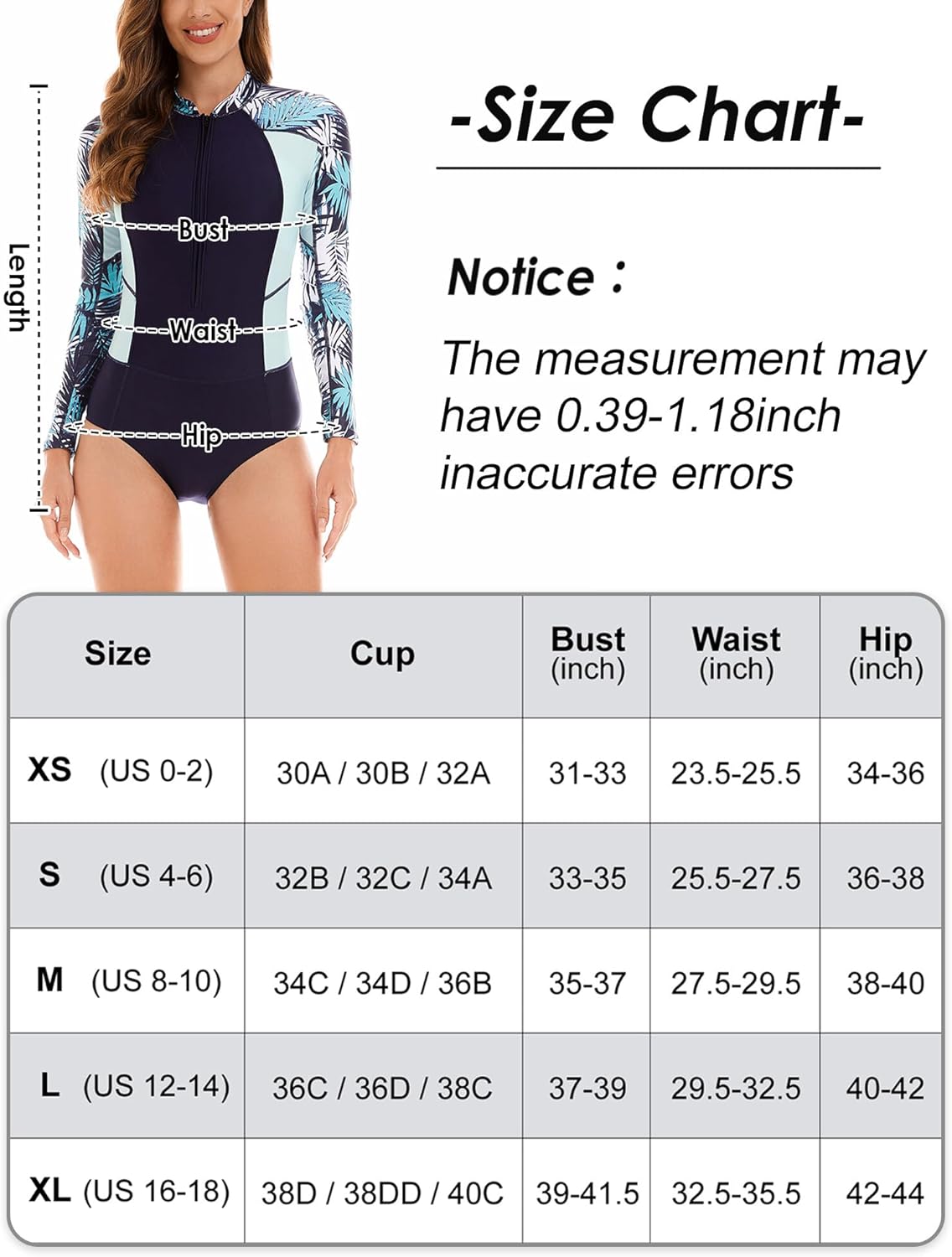 Maeau Women's Long Sleeve Rash Guard UV Protection Zipper Printed Surfing One Piece Swimsuit Bathing Suit