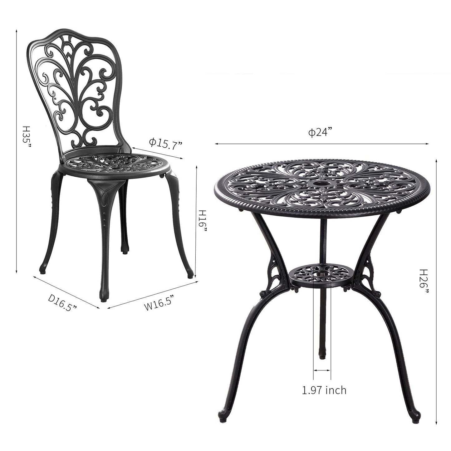 Withniture Bistro Table and Chairs Set of 2 Outdoor 3 Piece Bistro Sets Cast Aluminum Patio Bistro Set with Umbrella Hole, Patio Set for Garden, Black