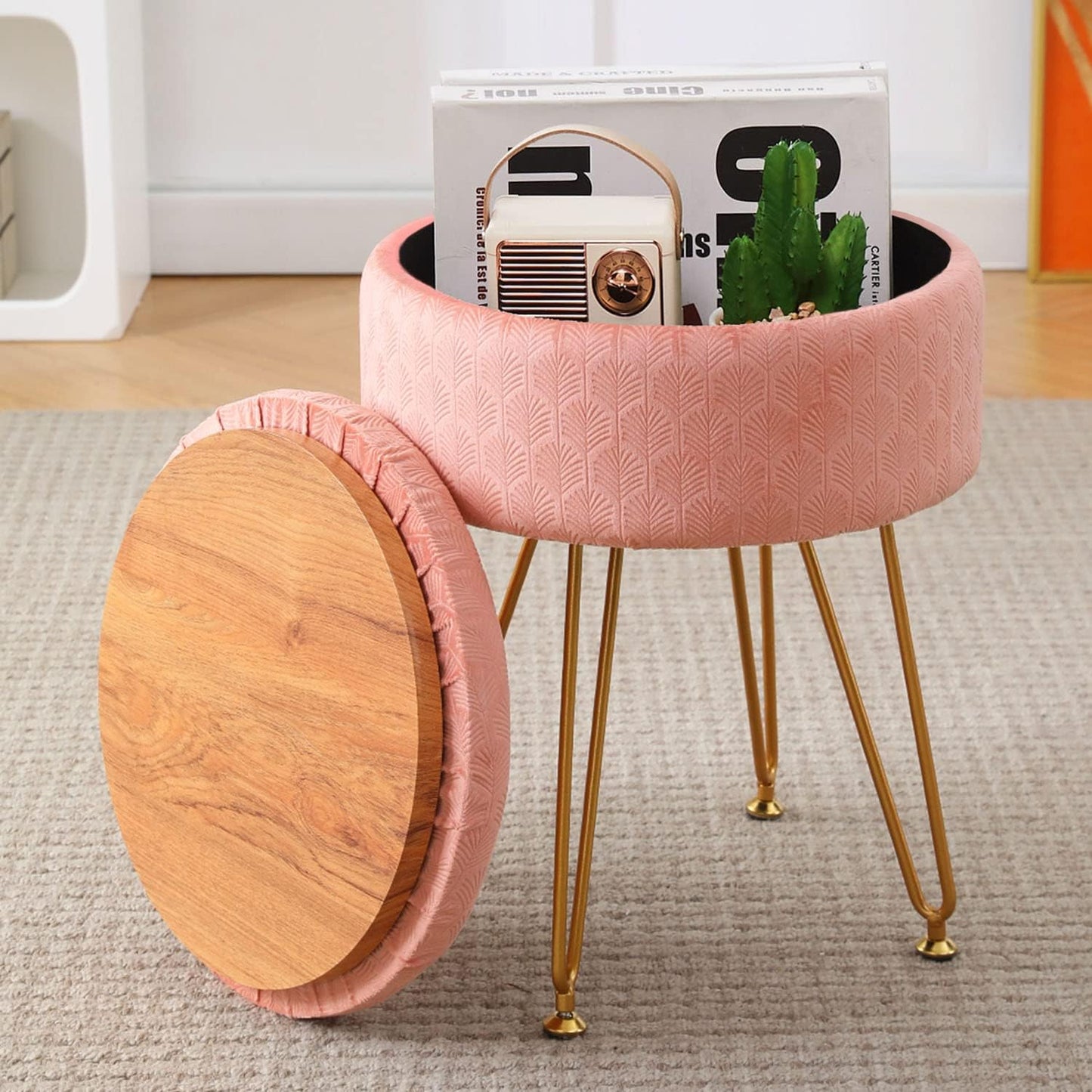 Cpintltr Footrest Footstools Round Velvet Ottoman with Storage Space Soft Vanity Chair with Memory Foam Seat Small Side Table Hallway Step Stool 4 Gold Metal Legs with Adjustable Footings Champagne