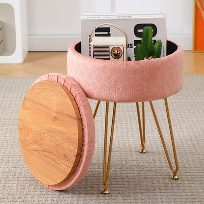 Cpintltr Footrest Footstools Round Velvet Ottoman with Storage Space Soft Vanity Chair with Memory Foam Seat Small Side Table Hallway Step Stool 4 Gold Metal Legs with Adjustable Footings Champagne