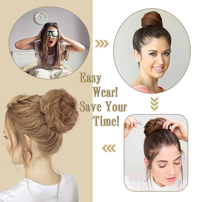 MORICA 1PCS Messy Hair Bun Hair Scrunchies Extension Curly Wavy Messy Synthetic Chignon for Women (12AH613(Light Golden Brown & Lightest Blonde))