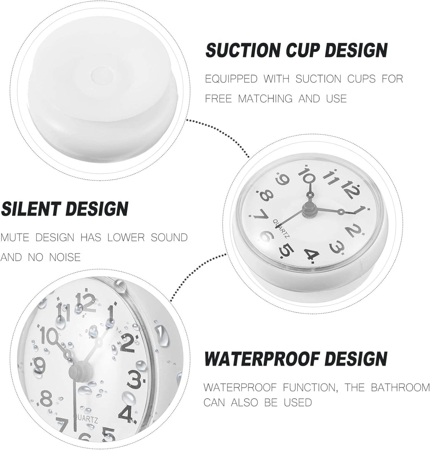 ELECDON Bathroom Shower Suction Cup Wall Clock Silent Waterproof Clock Quality Quartz Clock (White)