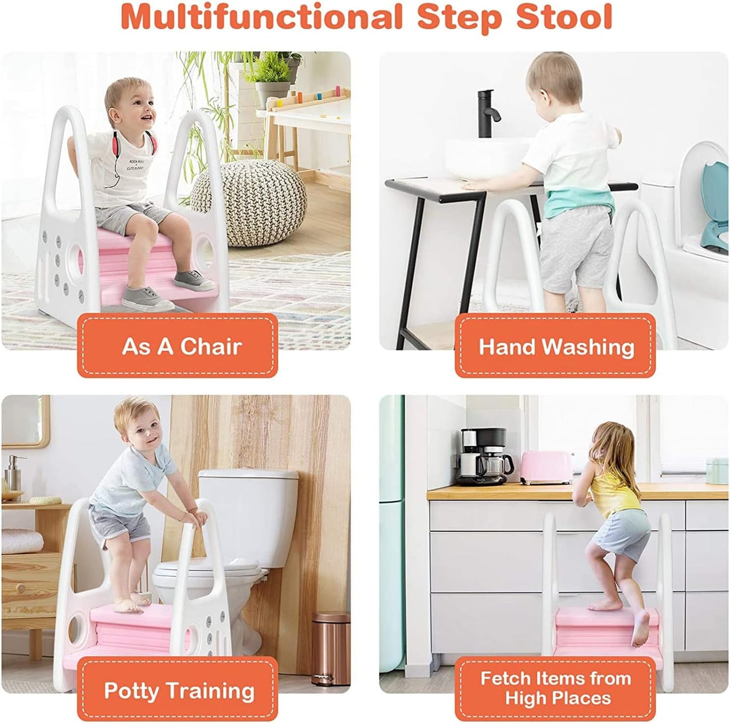 U-HOOME Kids Step Stool Toddler Step Stool for Kids Toddlers Two Step Standing Tower for Bathroom Sink Kitchen Counter Toilet Potty Stool Step Ladder Learning Helper with Handles Round Armrest (Blue)