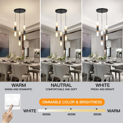 YT YATAI LIGHTING LED Pendant Light Ceiling 3 Heads,Dining Room Table Pendant Light,Black Gold Modern Cylinder Shape Pendant Lamp,Adjustable Color Temperature Acrylic Hanging Light(18W,3-Lights)