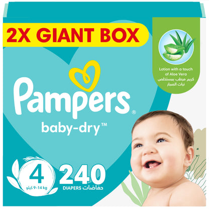 Pampers Baby-Dry Taped Diapers with Aloe Vera Lotion, up to 100% Leakage Protection, Size 4, 9-14kg, 240 Count