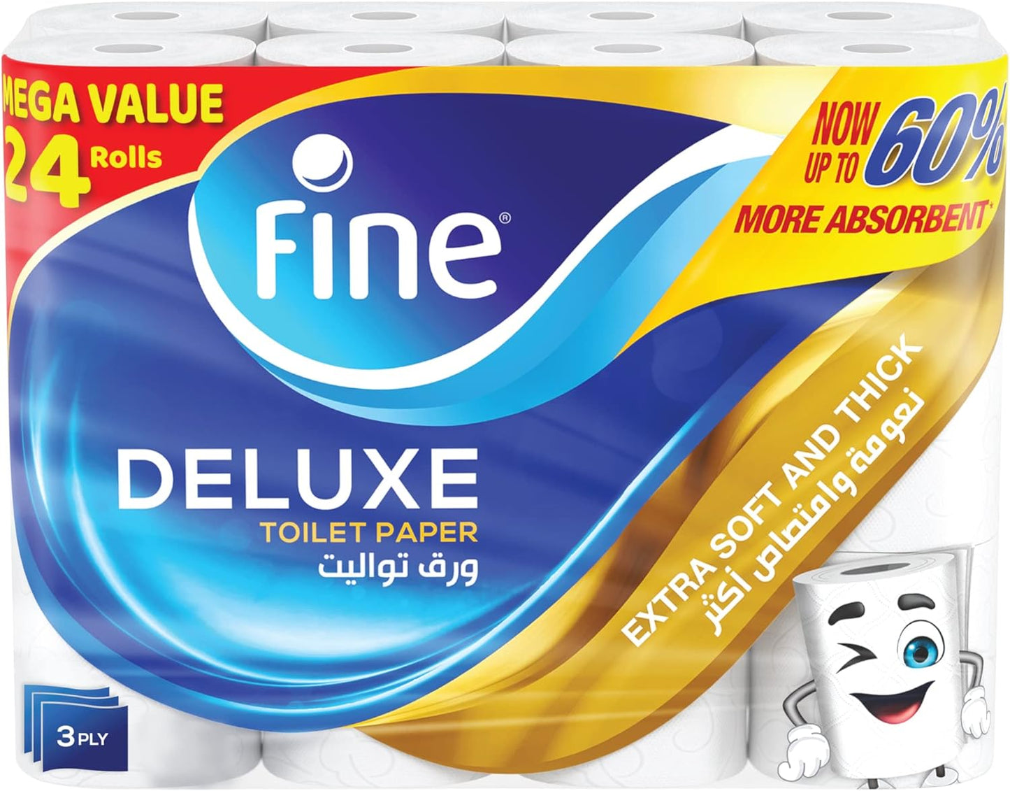 Fine Deluxe Toilet Paper 3 Ply, 24 Rolls x 140 Sheets, Highly Absorbent , Premium Feel Softness Bathroom Tissue Roll, Sterilized for Germ Protection, Maximum Tissue Thickness