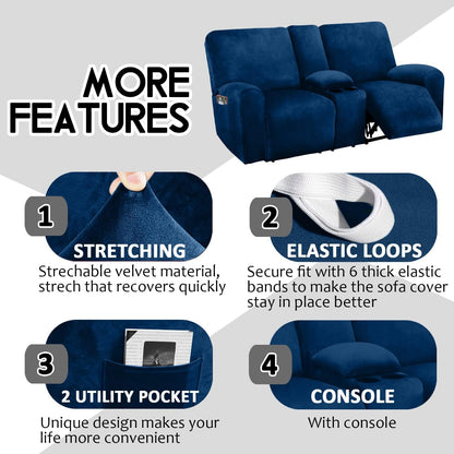 ULTICOR Reclining Loveseat with Middle Console Slipcover, 8-Piece Velvet Stretch Loveseat Reclining Sofa Covers, 2 seat Loveseat Recliner Cover, Thick, Soft, Washable, Loveseat Slipcovers (Dark Grey)