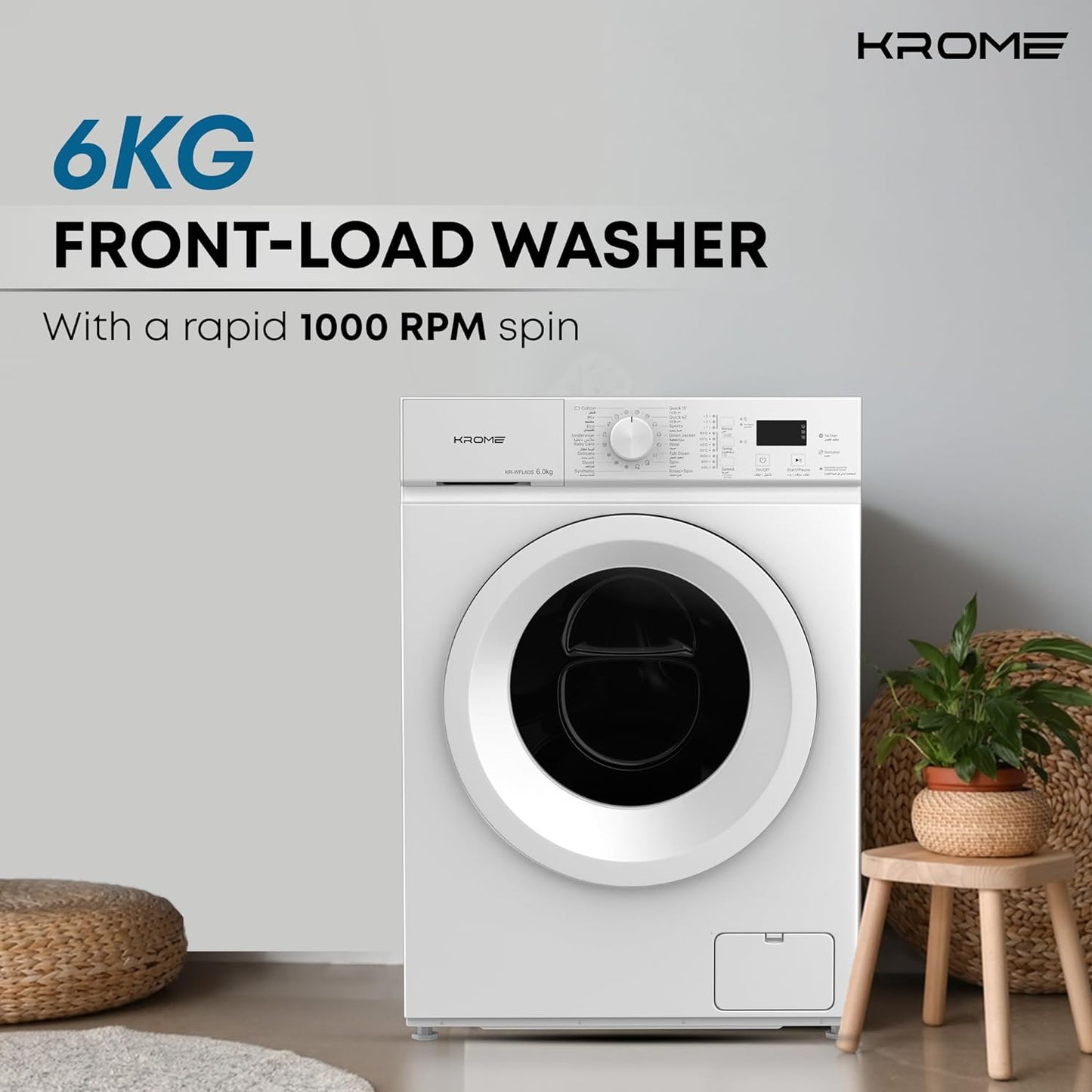 KROME 6Kg 1000 RPM Front Load Washing Machine,LED Display with Universal Motor, 5 Star Energy Efficient, 16 Wash Programs with Variable Temperature Setting, 5 Year Motor Warranty Titanium - KR-WFL60SS