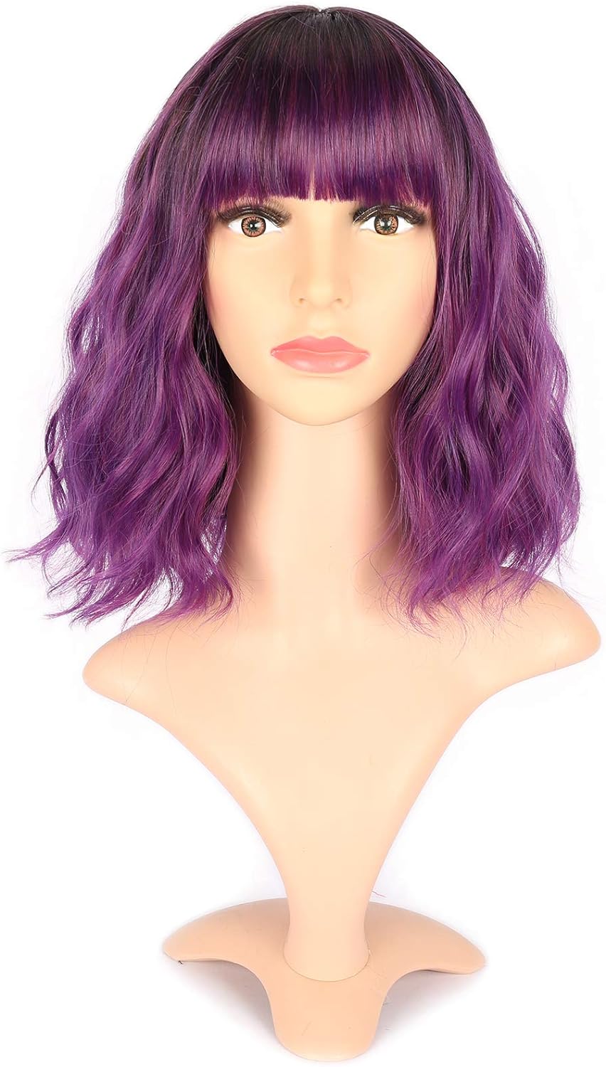 VCKOVCKO Ombre Color Natural Wavy Bob Wig With Air Bangs Short Bob Wigs Women's Shoulder Length Wigs Black to Pink Purple Curly Wavy Synthetic Cosplay for Girl Colorful Wigs(12",Black to WineRed)