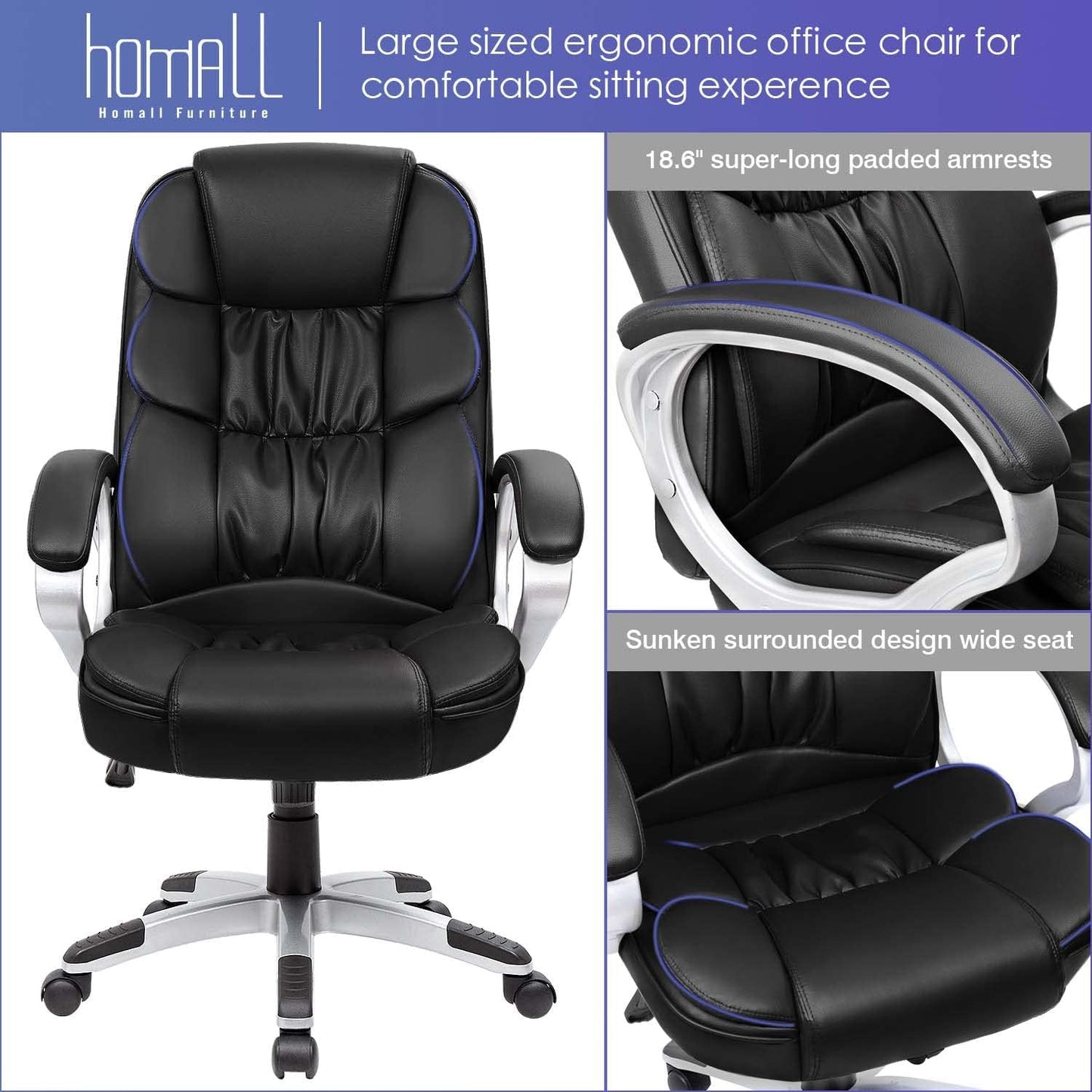 Homall Office Chair High Back Computer Desk Chair, PU Leather Adjustable Height Modern Executive Swivel Task Chair with Padded Armrests and Lumbar Support (Black)