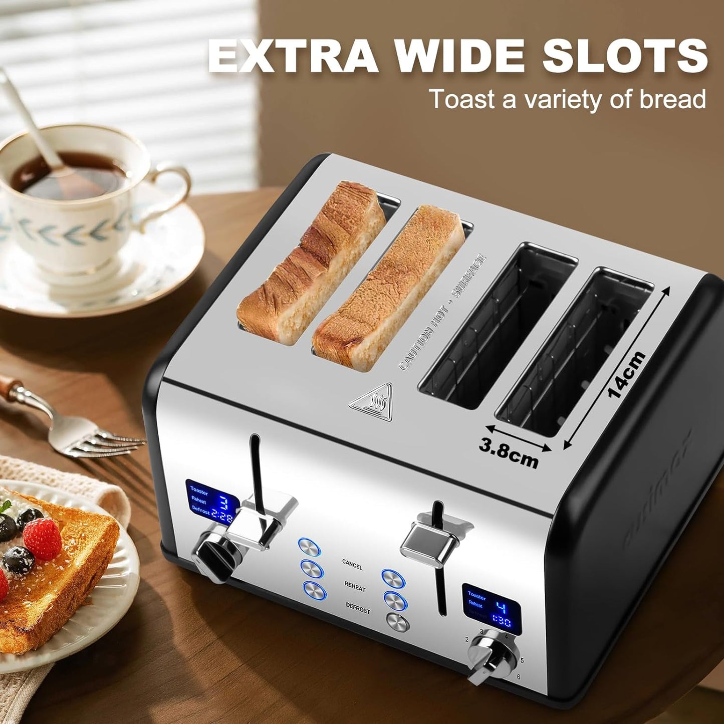 CUSIMAX 4 Slice Toaster LED Display Bread Toaster with Dual Control Panels of Timer, Extra Wide Slots and 6 Browning Settings, Cancel/Reheat/Defrost Function, Removable Crumb Trays, Silver