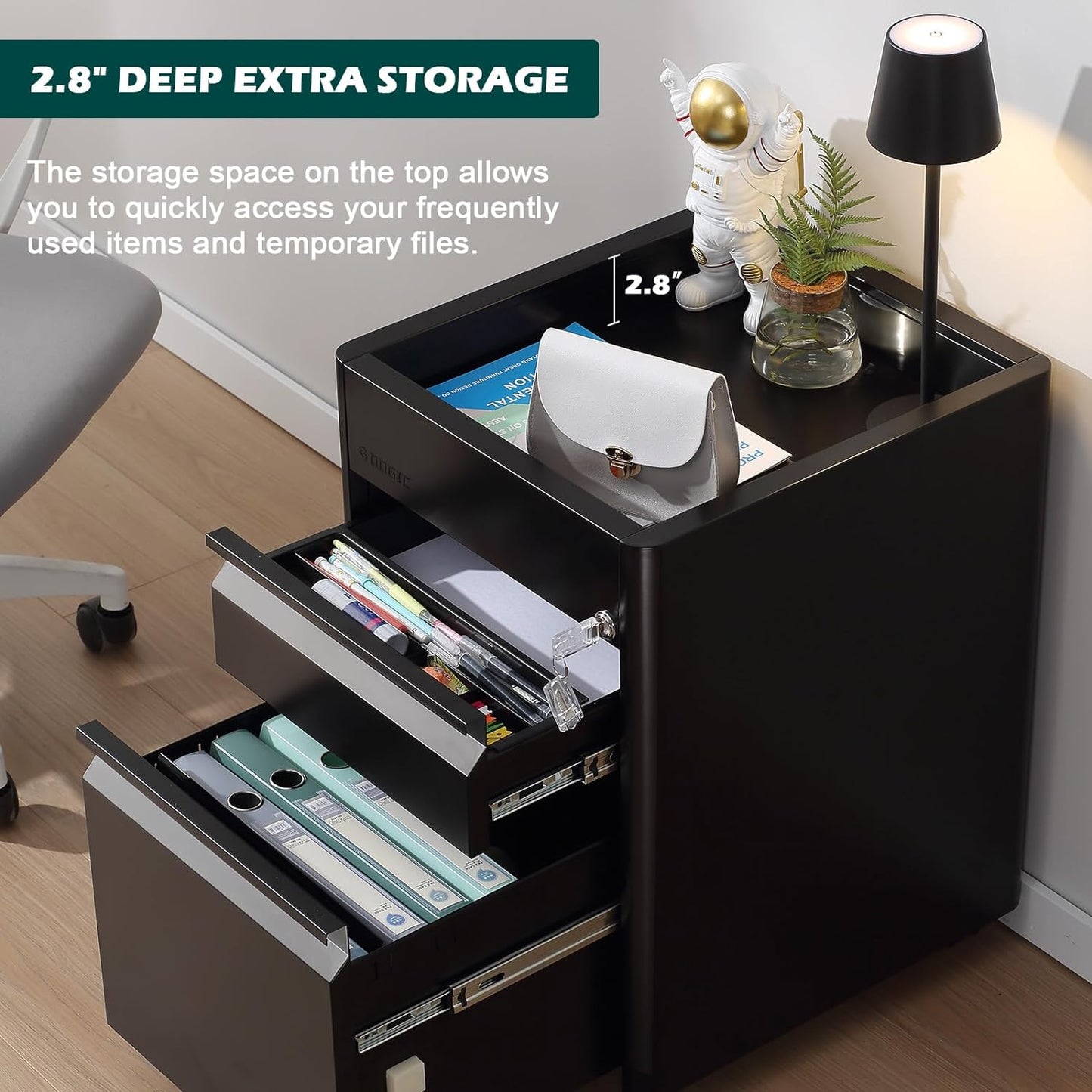 Godappe 2 Drawer Metal File Cabinet, Metal Mobile Filing Cabinet Under Desk Storage with Lock and Top Storage Shelf, Locking Office Rolling Cabinets for Legal/Letter/A4 Size, Pre-Assembled, Black