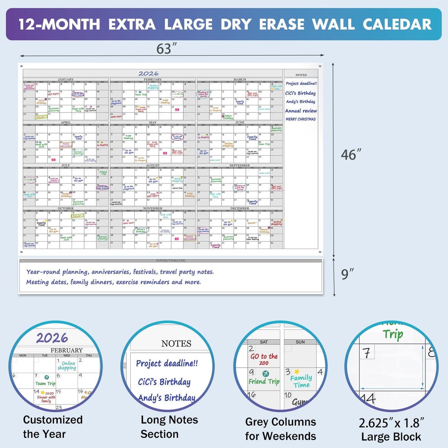 Dry Erase Monthly Laminated Jumbo Whiteboard Calendar, 25" by 38", Erasable Family Schedule Planner