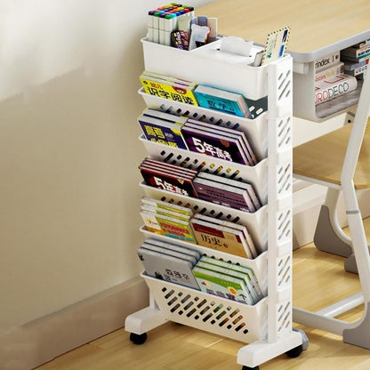 U-HOOME 5 Tiers Movable Bookshelf Cart with Wheels, Removable Unique Bookcase, Utility Organizer Book Rack with Wheels for Kids Children Students Study in Bedroom Living Room Home School (White 1)