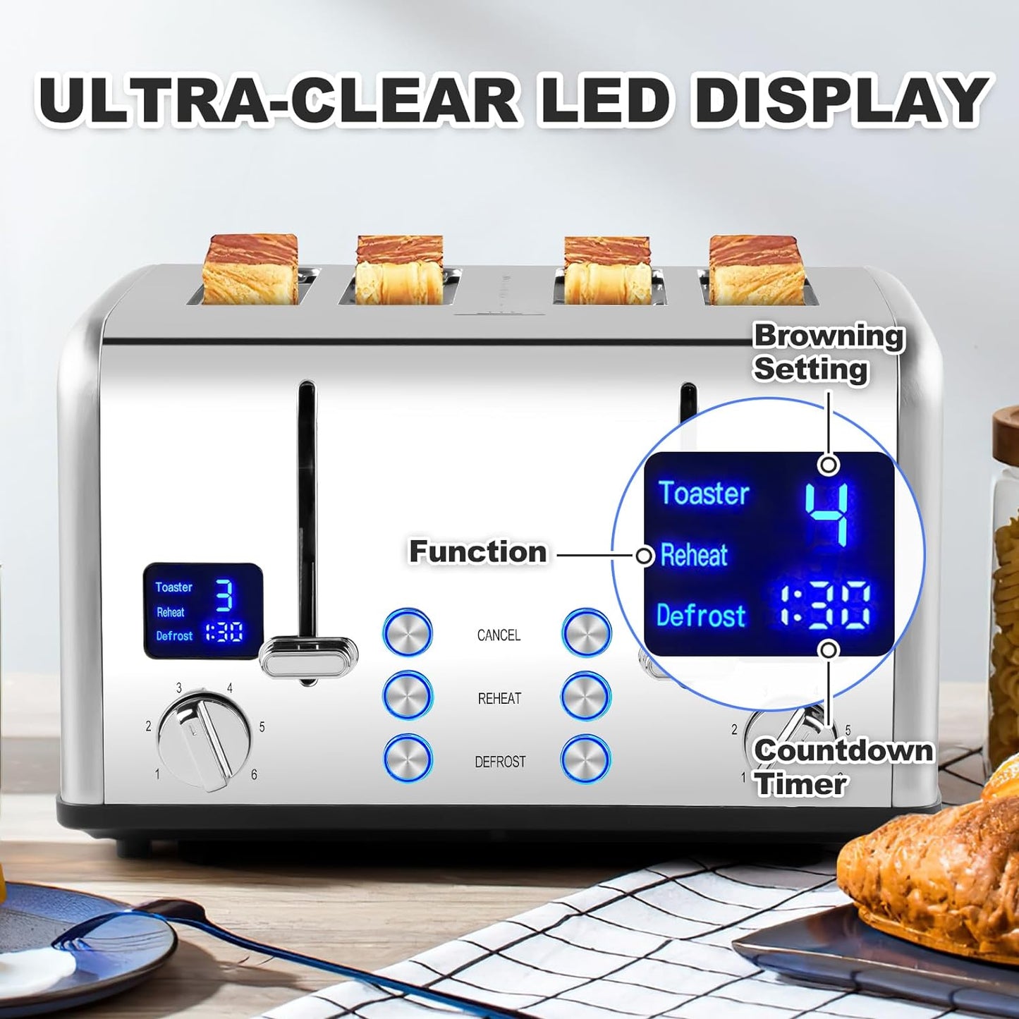 CUSIMAX 4 Slice Toaster LED Display Bread Toaster with Dual Control Panels of Timer, Extra Wide Slots and 6 Browning Settings, Cancel/Reheat/Defrost Function, Removable Crumb Trays, Silver