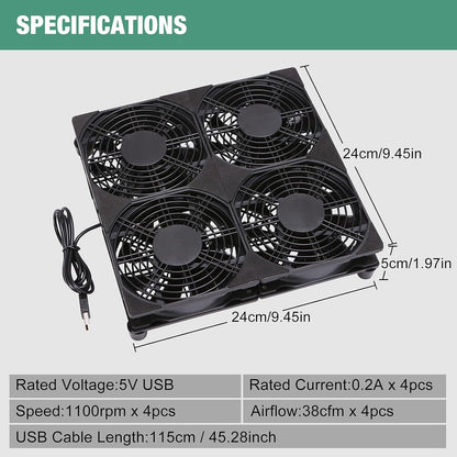 4x120mm 240mm 5V USB Powered Cooling Fan for Router Rack DIY Audio Video Network Cabinet Server Cooling Projects and Equipment Workstation Mining Machine Laptop Cooling Fan Stand