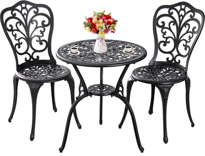 Withniture Bistro Table and Chairs Set of 2 Outdoor 3 Piece Bistro Sets Cast Aluminum Patio Bistro Set with Umbrella Hole, Patio Set for Garden, Black