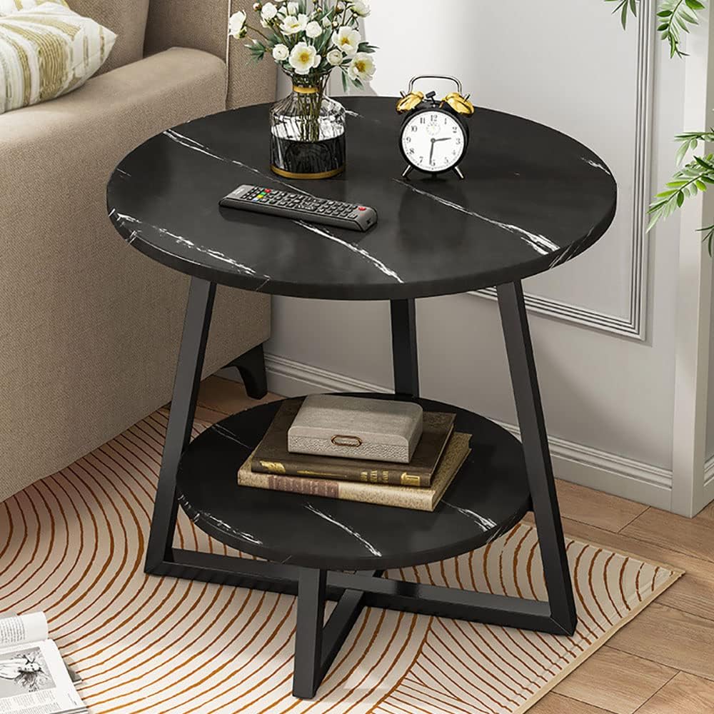 Round Coffee Table, Double Layer Sofa Side Table End Table, Imitation Marble Coffee Round Table Snack Table Bedside Table Nightstand with 2 Layer Storage for Living Room Small Space (H221-Black Top)