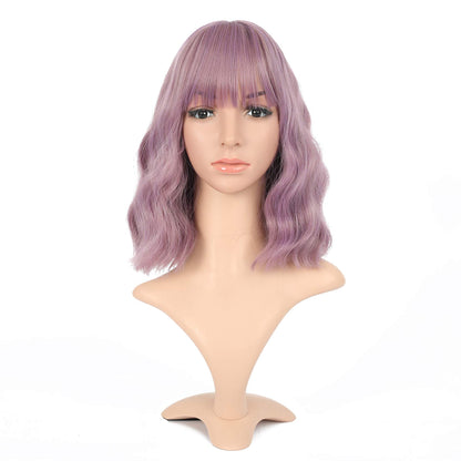 VCKOVCKO Ombre Color Natural Wavy Bob Wig With Air Bangs Short Bob Wigs Women's Shoulder Length Wigs Black to Pink Purple Curly Wavy Synthetic Cosplay for Girl Colorful Wigs(12",Black to WineRed)