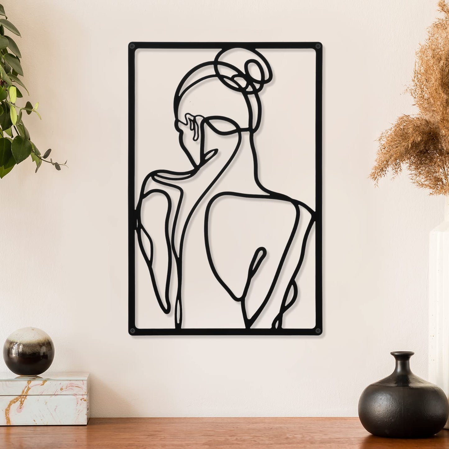 CHENGU 3 Pieces Metal Minimalist Abstract Woman Wall Art Line Drawing Wall Art Decor Single Line Female Home Hanging Wall Art Decor for Kitchen Bathroom Living Room (Black, Hand)