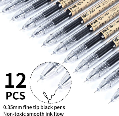 Black Gel Ink Pens, 12 Pieces 0.35mm Extra Fine Point Quick-Drying Ballpoint Pens, Japanese Style Gel Pens for Writing and Journaling, Stationery for Home, School, and Office Supplies (Matte)