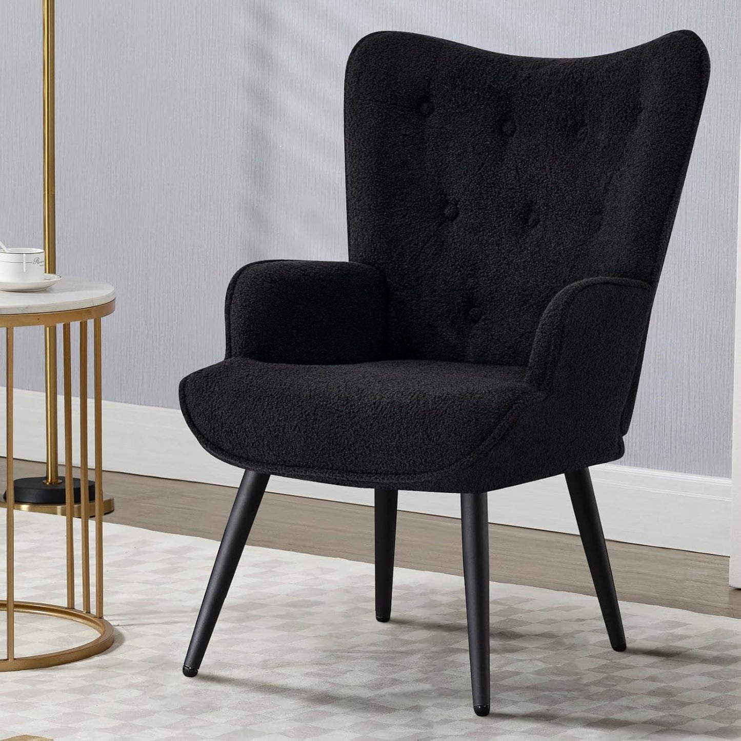 Furniliving Velvet Accent Chair Modern Upholstered Side Armchair with Tapered Legs Tufted Button Wingback Sofa Chairs Tall Back Reading for Living Room Bedroom Waiting Room, Black