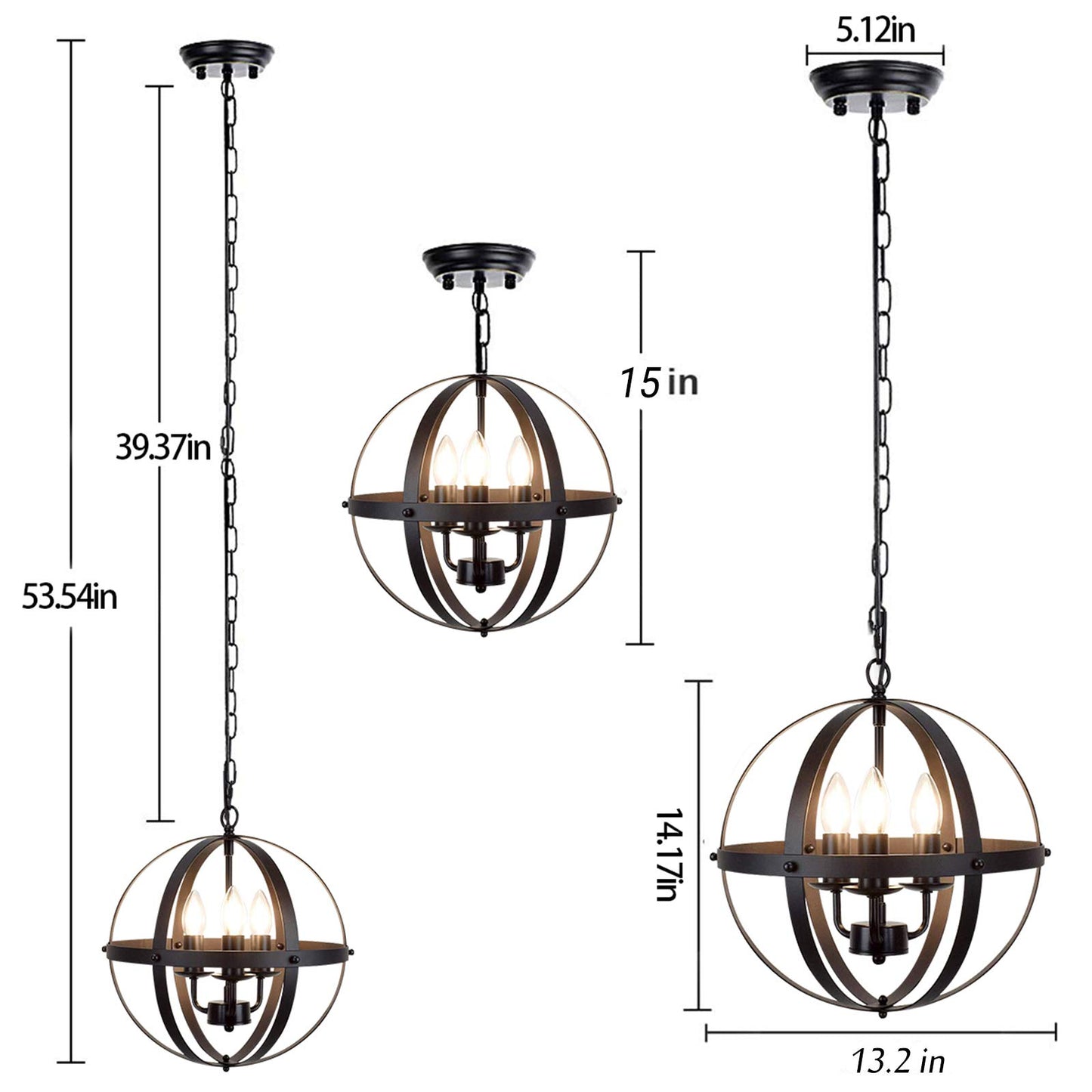 Ganeed Industrial Pendant Light, 3-Light Vintage Chandeliers Hanging Pendant Lighting Fixtures, Adjustable Height Pendant Ceiling Lamp with Metal Cage for Kitchen Living Dining Room Bedroom Hallway