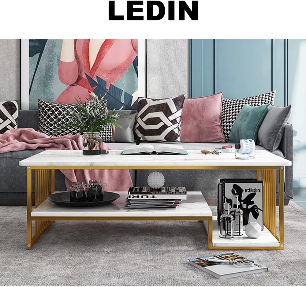 LEDIN Coffee Table with Storage, Rectangular Sofa Tables Open Shelf for Living Room, Center Marble Finish and Metal Frame Dining Home Office (White Marble + Gold)