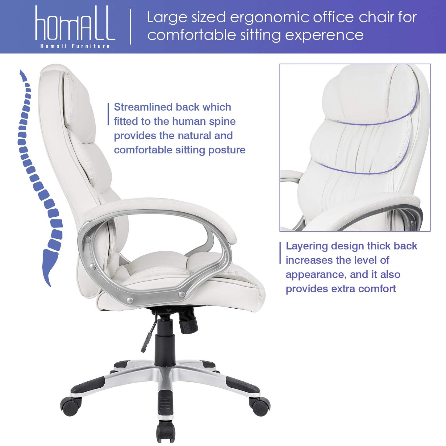 Homall Office Chair High Back Computer Desk Chair, PU Leather Adjustable Height Modern Executive Swivel Task Chair with Padded Armrests and Lumbar Support (Black)