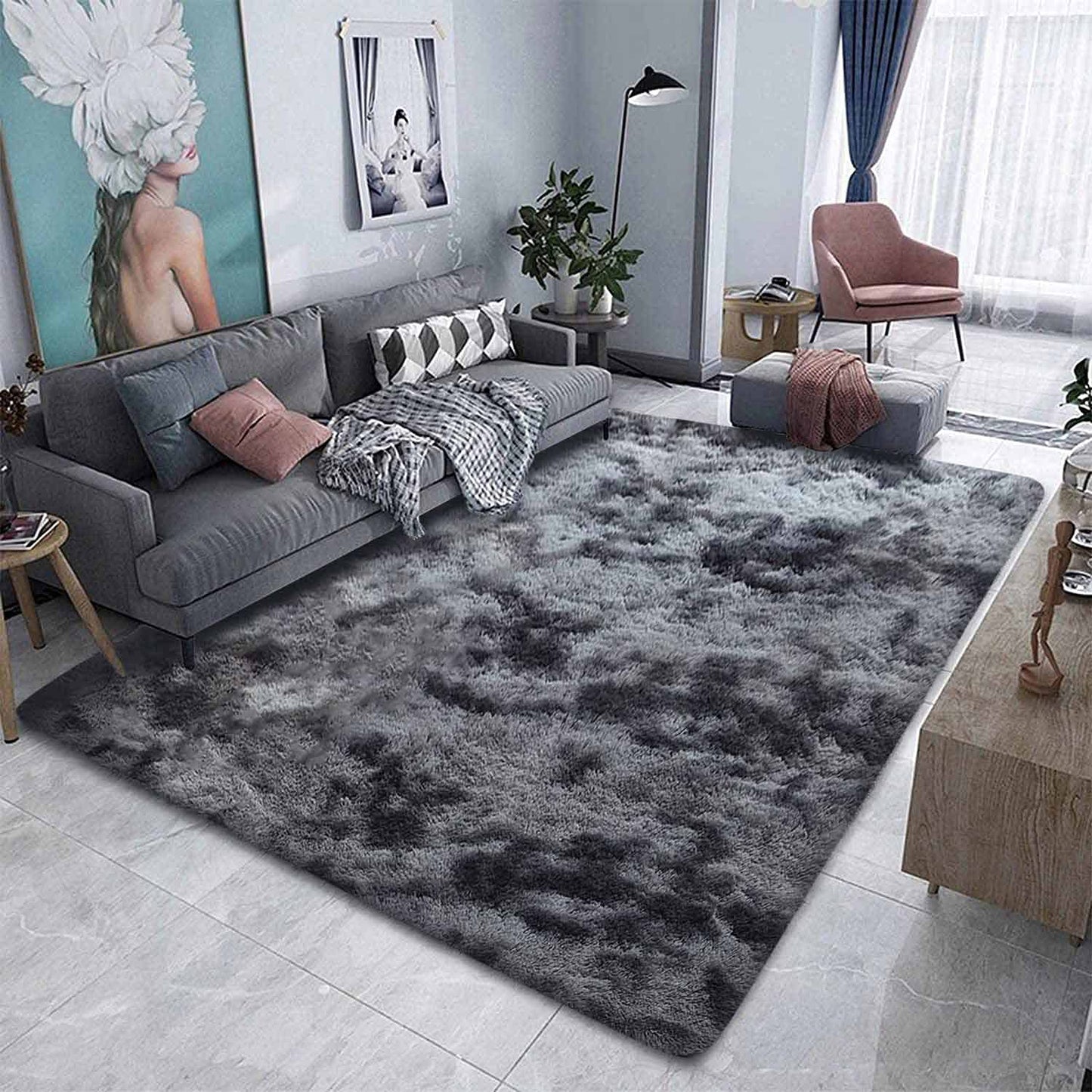 Leesentec Area Rugs Soft Fluffy Carpets For Living room Shaggy Rug Modern Area Rug For Bedroom Anti-Slip Rugs For Kids Room Indoor Home Decorative Carpet (Black Grey, 185 x 185 cm)