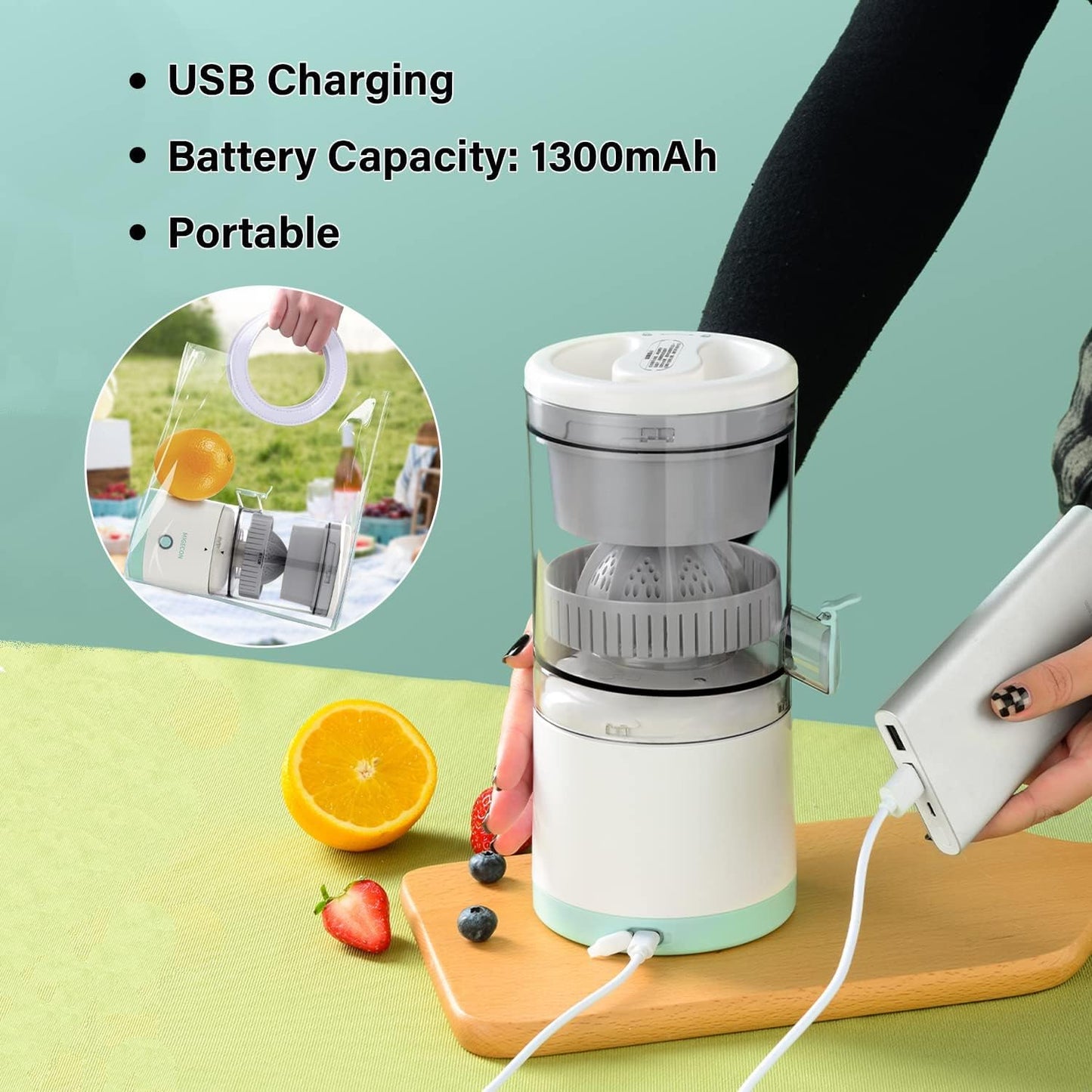 Migecon Citrus Juicer, Electric Orange Squeezer with Powerful Motor and USB Charging Cable, Juicer Extractor, Lime Suitable for Orange, Citrus, Apple, Grapefruit Pear. Greem ECQ01