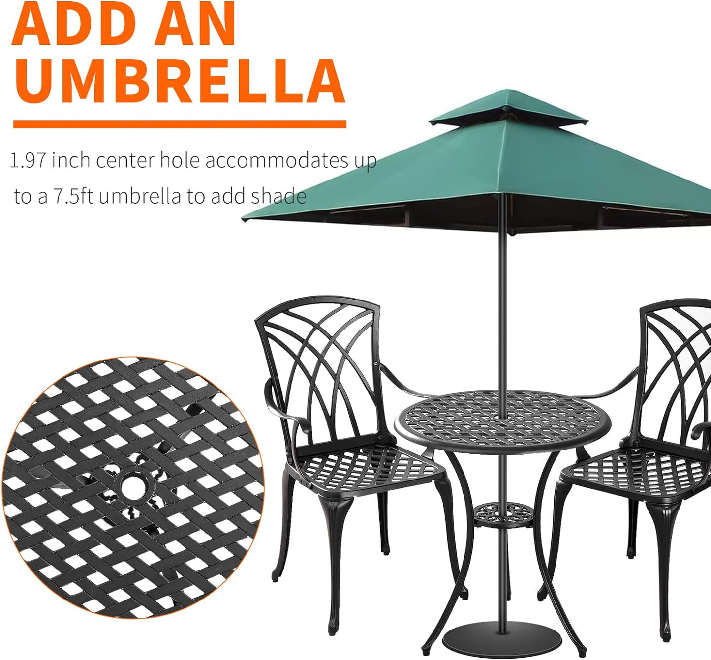 Withniture Bistro Table and Chairs Set of 2 Outdoor 3 Piece Bistro Sets Cast Aluminum Patio Bistro Set with Umbrella Hole, Patio Set for Garden, Black