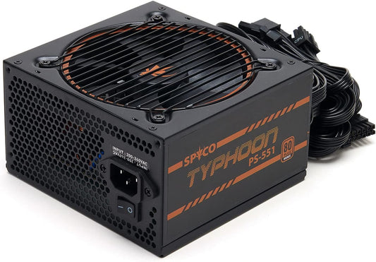 SPYCO Typhoon PS-551, Gaming PSU 550, 80 PLUS Bronze, Non Modular, Low Noise, ATX Power Supply Unit, Super Silent Fan, Teapo Capacitors, Compact Size, 5 Years Warranty - CaveHubs