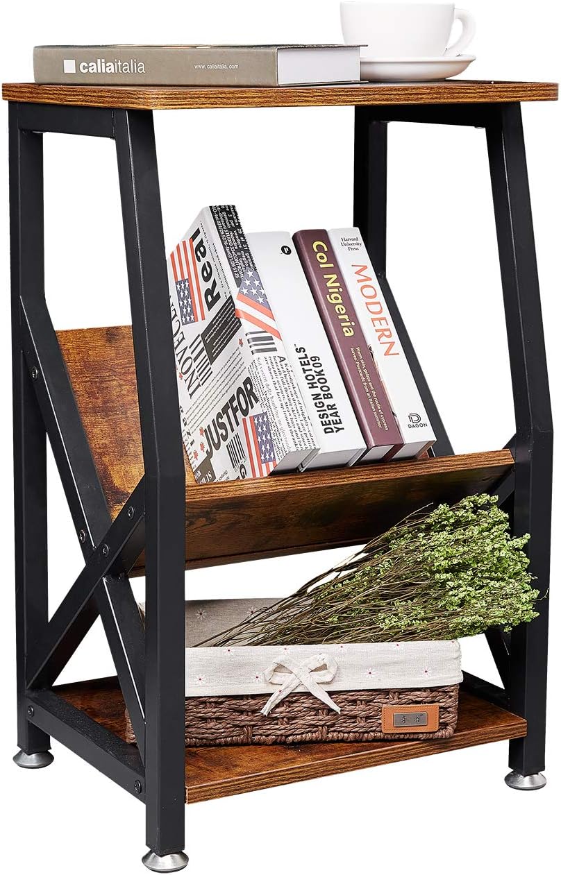 NXN-HOME Industrial Side Table, Nightstand End Table with Storage Shelf for Coffee Books Magazines, Wood Look Accent Furniture with Metal Frame