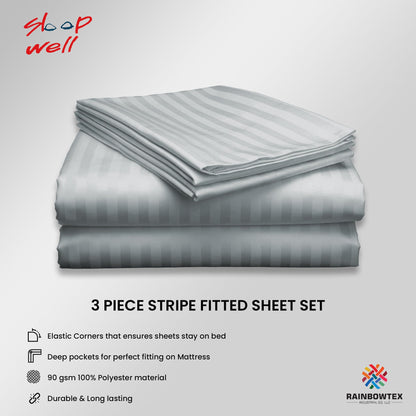 Sleep Well Microfiber Stripe Fitted Sheet with 2 Pillowcase Set - 150x200+17cm (White)