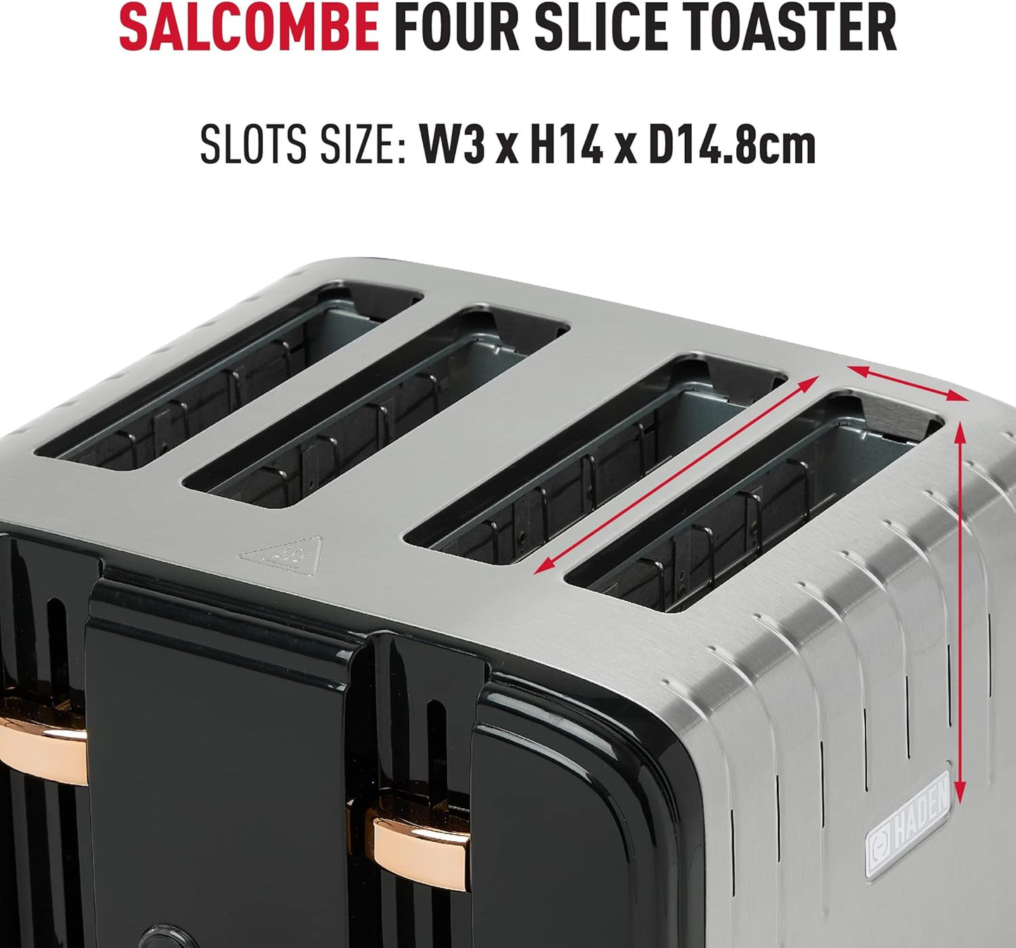 Haden Salcombe Black Toaster 4 Slice - Retro Design with Wide Slots - Easy To Clean Black Toaster - Stainless Steel Housing - Self Centring Function - 2300W