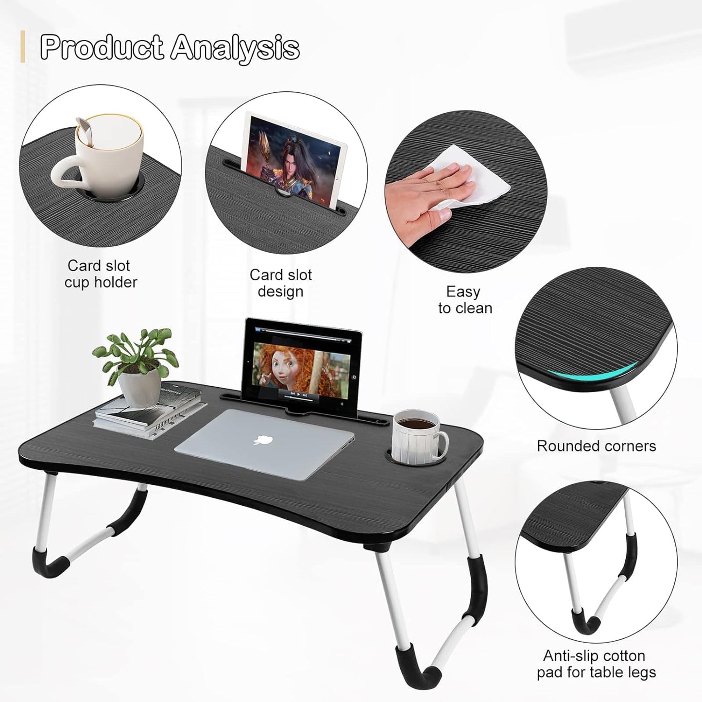 SKY-TOUCH Portable Folding Laptop Desk for Bed，With iPad and Cup Holder Adjustable Lap Tray Notebook Stand， Foldable Non-Slip Legs Reading Table Tray for working，studying，camping 60x40x28cm Black