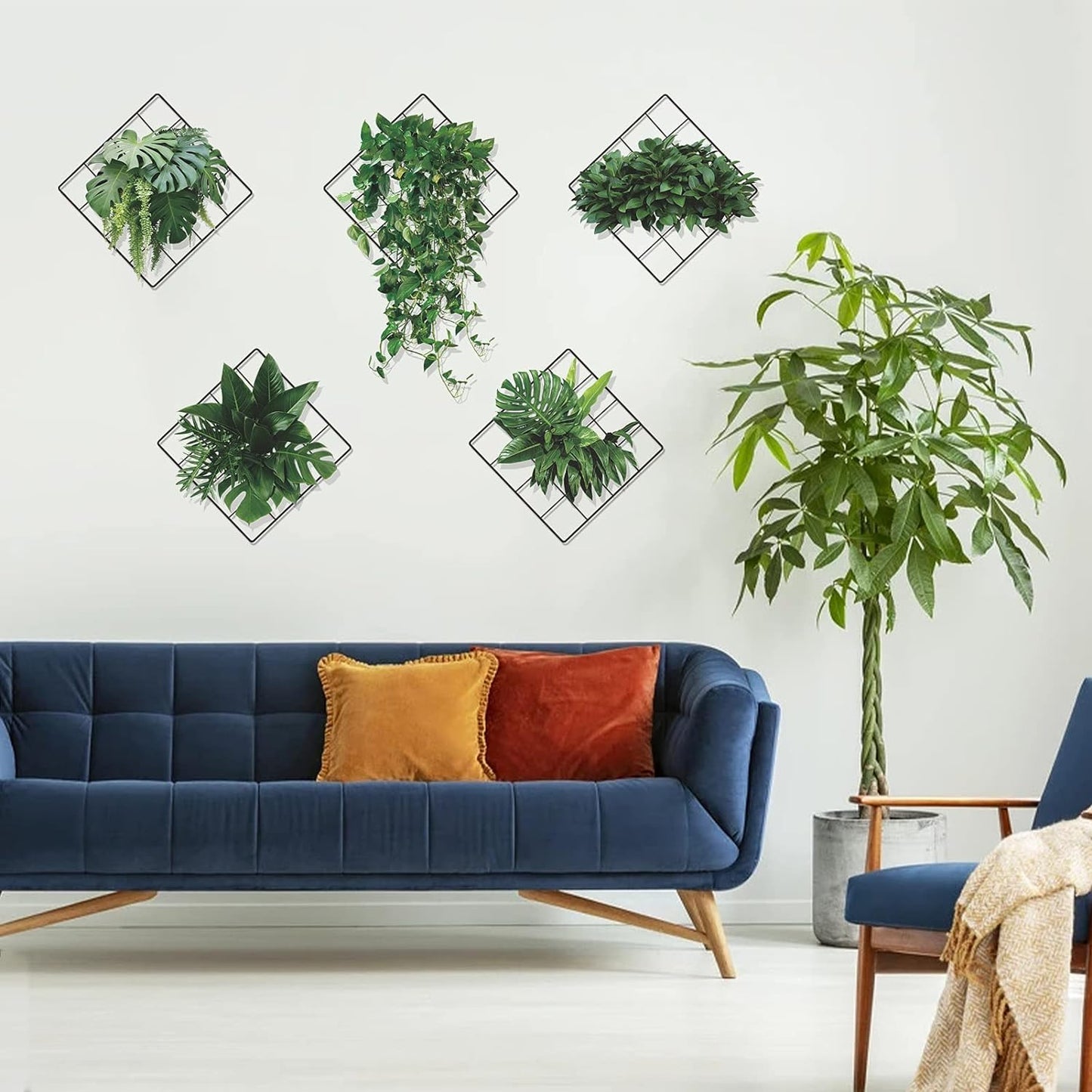 Magic 3D Effect Vivid Green Plants Monstera Leaf Ivy Grid Wall Decor Decal, Vinyl Removable Green Leaves Wall Stickers for Bedroom Living Room Office Kitchen Decorations, Set of 5(12”X12”)