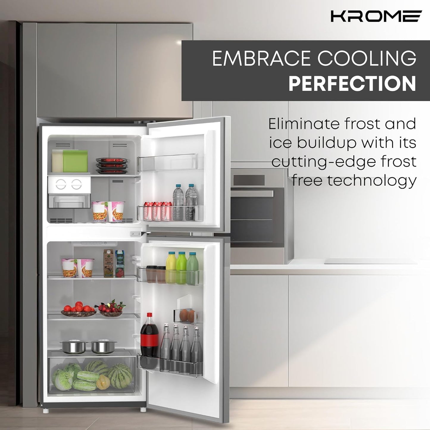 KROME 260L Gross,Double Door Top Mounted Refrigerator with Multi Air Flow System,No-Frost Cooling with Electronic Touch Temperature Control,Door Alarm, Silver, 10 Year Compressor Warranty-KR RFF 260SM