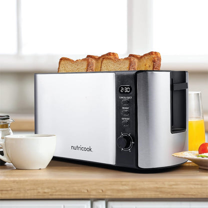 Nutricook Digital 4-Slice Toaster with LED Display, Stainless Steel Toaster with 2 Long & Extra Wide Slots, 6 Toasting Levels, Defrost|Reheat|Cancel,Removable CrumbTray,1500W,T104S, 2 year Warranty"