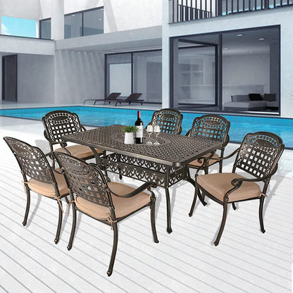 Yulan 7-Piece Outdoor Furniture Dining Set, All-Weather Cast Aluminum Patio Conversation Set, Include 6 Chairs and a Round Table with Umbrella Hole for Balcony Lawn Garden Backyard (B) 603