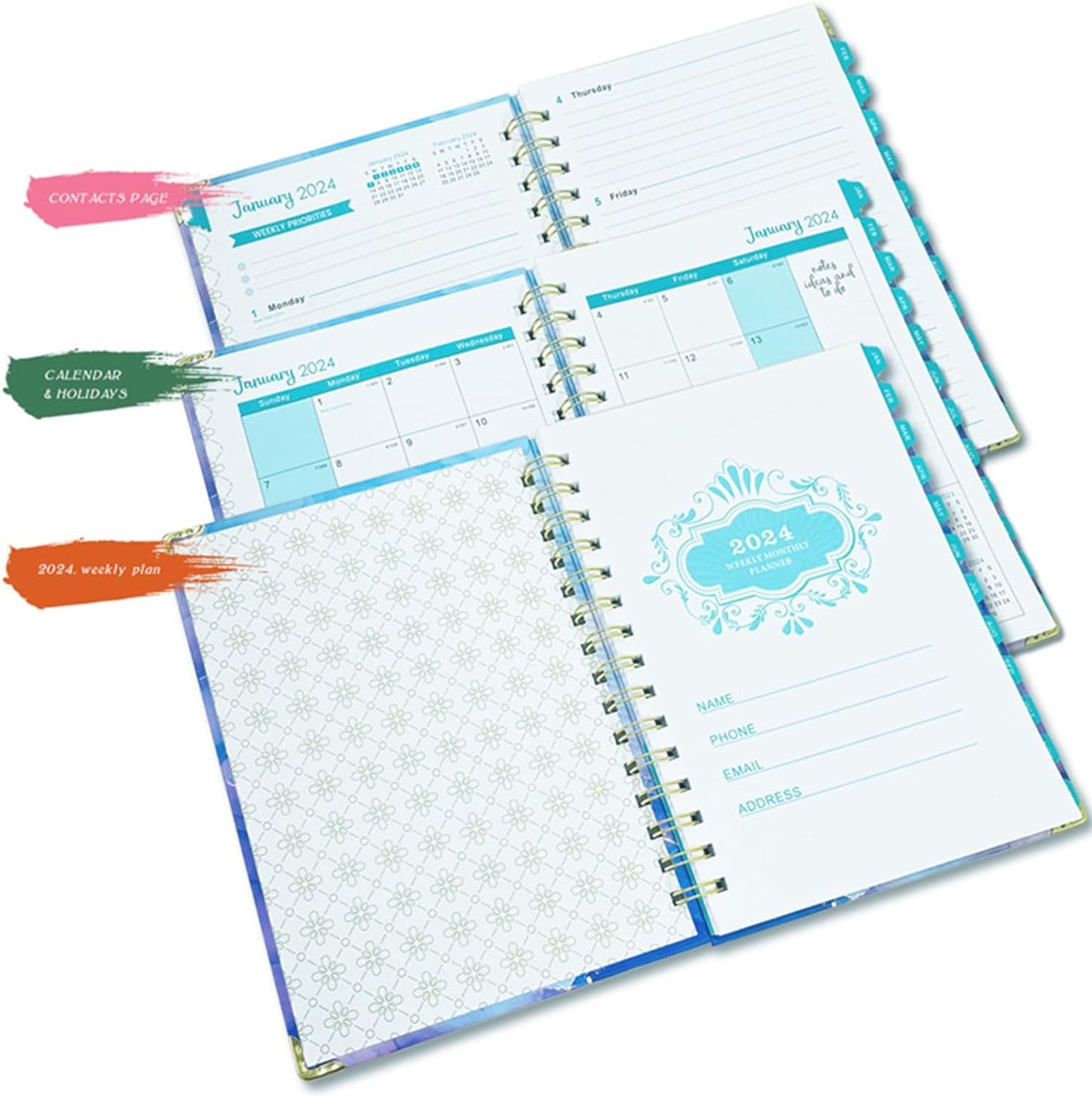 KSNOW 2024 Weekly and Monthly Planner, Runs from January 2024 to December 2024, Life Planner to Hit Your Goals & Live Happier, 12 Months Yearly Agenda Productivity for Women & Men, A5 (Blue)