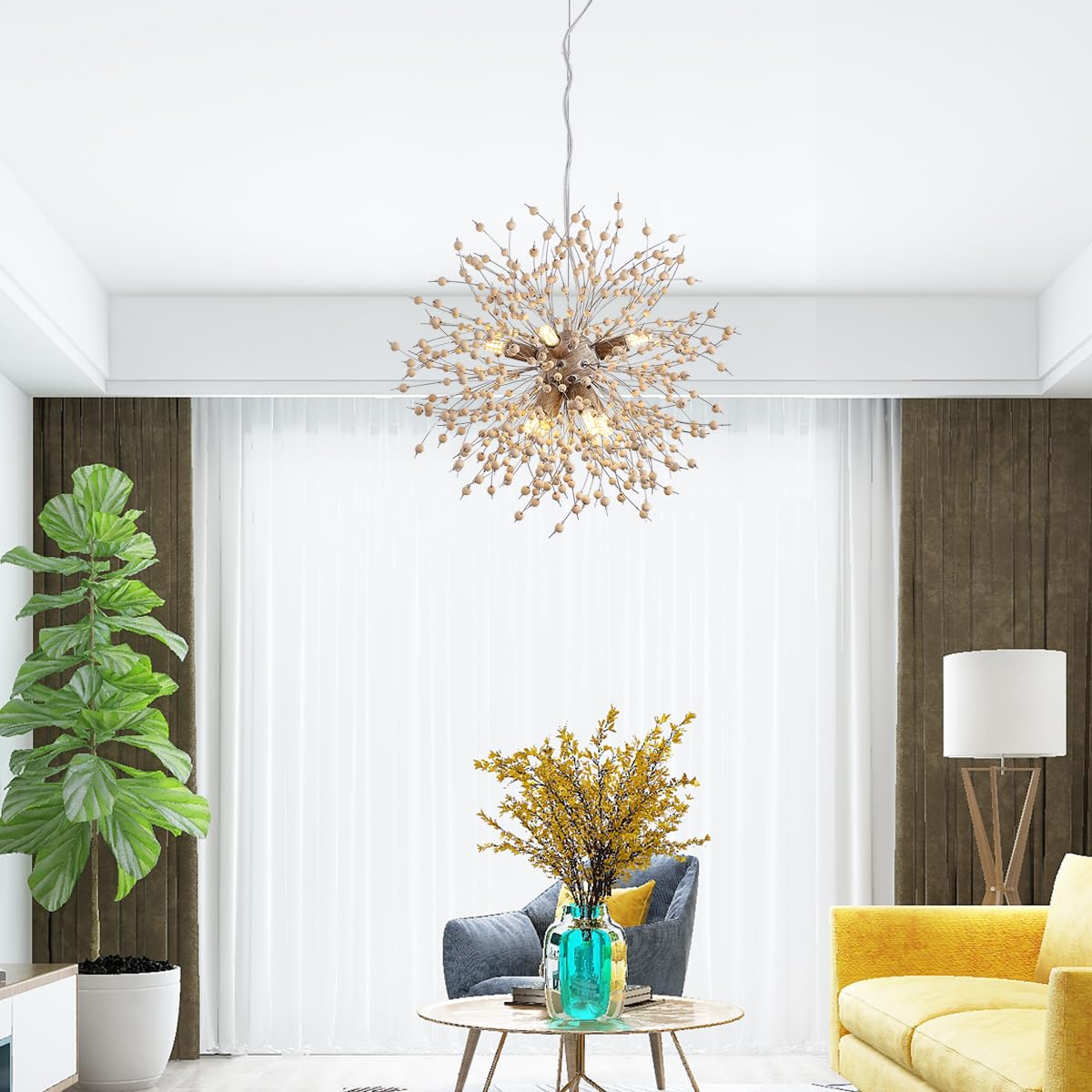 Oninio Modern Wooden Beads Dandelion Chandelier, Firework Pendant Lighting, 8-Lights Sputnik Ceiling Hanging Light Fixture for Living Room Dining Room Bedroom Kitchen Foyer(G9 Base,Bulb NOT included）