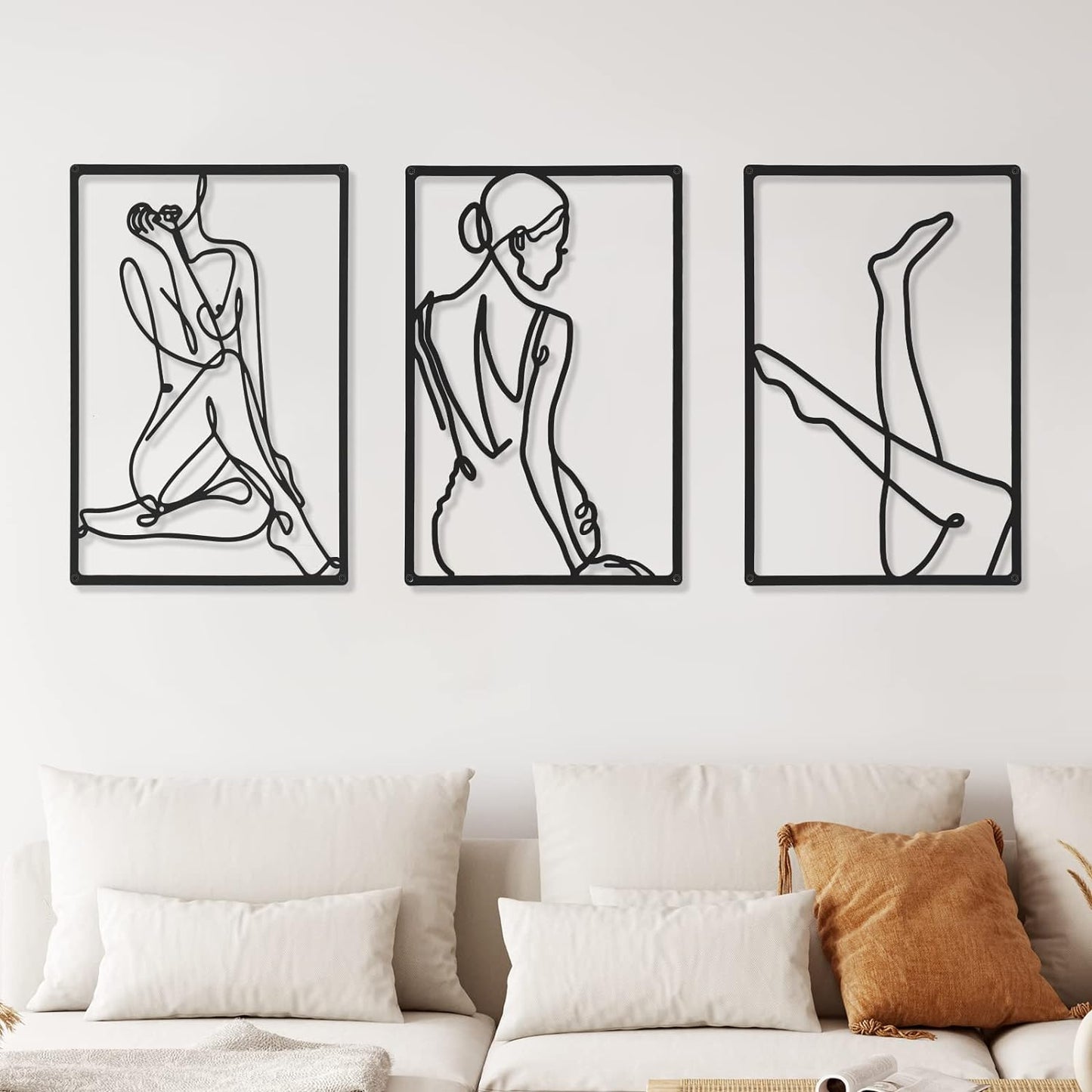 CHENGU 3 Pieces Metal Minimalist Abstract Woman Wall Art Line Drawing Wall Art Decor Single Line Female Home Hanging Wall Art Decor for Kitchen Bathroom Living Room (Black, Hand)