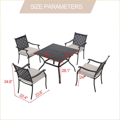 LOKATSE HOME 5 Piece Outdoor Dining Set Patio Chairs Square Table with Umbrella Hole, Beige