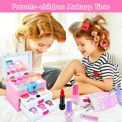 Washable Kids Makeup Kit for Little Girls 3-8, Real Makeup Toy Set with Portable Makeup Box, Lipsticks, Brushes and Mirror for Kids Toddlers Pretend Play Birthday Christmas